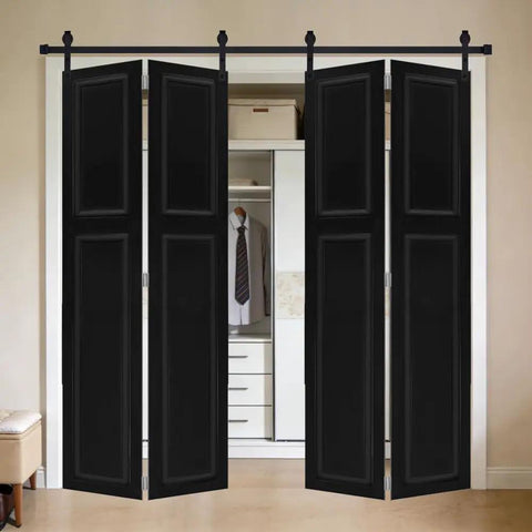 Heavy Duty Barn Door Hardware Kit With Slick Rolling Tracks For Closets And Laundry Rooms Compact Bi Fold Design fits black bi-fold doors in closet.