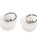 White Silicone Sink Stopper with Stainless Steel Ring for Bathtubs, two sizes, features a press mechanism for easy use.