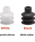 Heavy Duty Khaki Pneumatic Vacuum Sucker Nozzle For Industrial Manipulator Robotics, white silicone and black nitrile rubber versions.