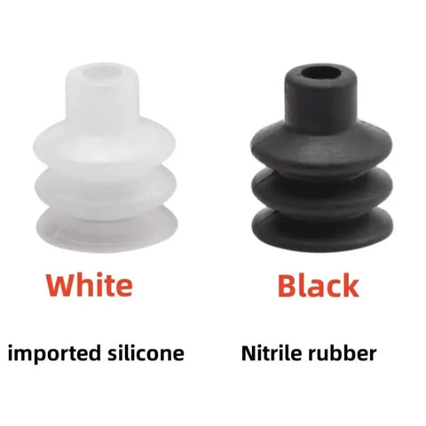 High Quality Single Pneumatic Vacuum Sucker With Three Layer PCG Rubber Nozzle For Industrial Manipulators And Auto Parts Handling. Image shows white silicone and black nitrile rubber suction cups.