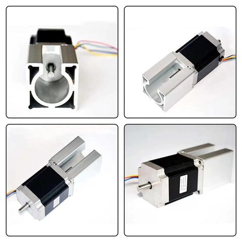 Front view of Nema23 stepper motor in a silver aluminium alloy mounting bracket.
Side view of an aluminium alloy mounting bracket holding a Nema23 stepper motor.
Close-up of an aluminium mounting bracket forming a U-channel around the Nema23 motor.
Isometric view of Nema23 stepper with silver aluminium bracket.