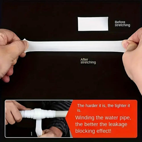 Instant Self Fusing Leak Repair Tape For Kitchen And Plumbing, demonstrating stretch and application on a water pipe