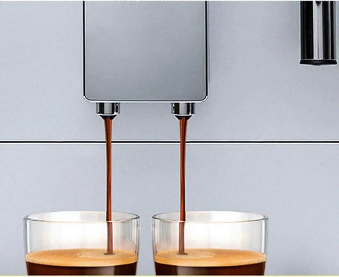 Smart Coffee Machine With Built In Burr Grinder And Milk Frother, 15 Bar Pump Espresso Maker, dispensing two cups of coffee