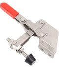Heavy Duty 304 stainless steel toggle clamp with red handle and anti-slip rubber tip for woodworking and metalwork applications.