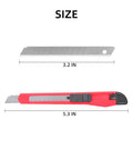 Red retractable box cutter knife with black grip and exposed blade, shown with a metal replacement blade.