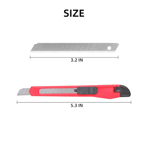 Red retractable box cutter knife with black grip and exposed blade, shown with a metal replacement blade.