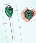 Green All In One Soil Tester With Moisture Meter, pH And Light For Indoor Outdoor Plants held in hand, showing dimensions.