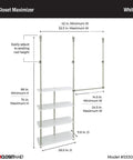 Maximizer Closet Organizer Add On Unit With Four Shelves And Double Hang Rod, Tool Free White Expansion, dimensions shown