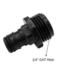Close-up of a 3/4 inch GHT male adapter from 10 Pack Three Quarter Inch Garden Hose Quick Connect Fittings Adapters Male GHT Nipples Quick Release Kit For Water Hoses Easy Snap On For Power Washers Boats RVs Sprinklers Spigots Campers And More.