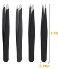 4 Piece Stainless Steel Tweezers Set Black Finish For Precision Grooming And Brow Game, Slanted Tip Tweezers Kit, 3.78 inches