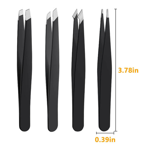 4 Piece Stainless Steel Tweezers Set Black Finish For Precision Grooming And Brow Game, Slanted Tip Tweezers Kit, 3.78 inches