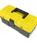 Rock Solid Plastic Toolbox Organizer With Heavy Duty Carry Handle And Secure Snap Buckle Closure For Mechanics Workshop Hardware Tool Storage, yellow and gray design.