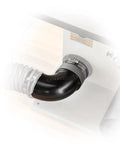 Rockler Dust Right Quick Change Elbow Adapter With Flexible Rubber Boot And Metal Clamp For Shop VacsAnd Workshop Dust Collection Systems connected to duct.