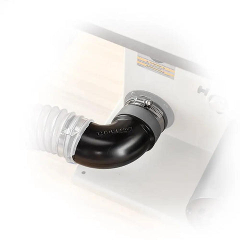 Rockler Dust Right Quick Change Elbow Adapter With Flexible Rubber Boot And Metal Clamp For Shop VacsAnd Workshop Dust Collection Systems connected to duct.