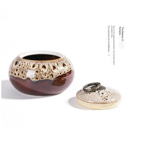 Sweet Ceramic Tea Canister For Loose Leaf Bin Plus Kitchen Pantry Setup, brown and textured ceramic jar with lid.