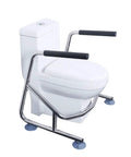 Heavy Duty Toilet Safety Rails With Adjustable Support Leg For Seniors attached to toilet, stainless steel frame with non-slip grips