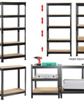 5-Tier Boltless Storage Shelf Built Different With Rock Solid Iron Frame for Garage and Workshop Heavy Duty Adjustable Racks Scratch Resistant Powder Coat Finish Black, shown with adjustable shelves.