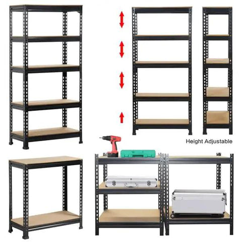 5-Tier Boltless Storage Shelf Built Different With Rock Solid Iron Frame for Garage and Workshop Heavy Duty Adjustable Racks Scratch Resistant Powder Coat Finish Black, shown with adjustable shelves.