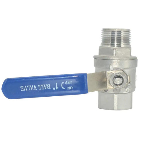 Heavy Duty 1 Inch Full Port Ball Valve With Male X Female Npt Threads And 304 Stainless Steel Construction For Water Oil And Gas Control Featuring Slick Lever Action And Corrosion Proof PTFE Seals For No Nonsense Performance, side view with blue lever.