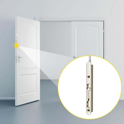 Image showing installation of 18 Inch Extended Flip Lever Flush Bolt for Double Doors with satin nickel finish on door edge.