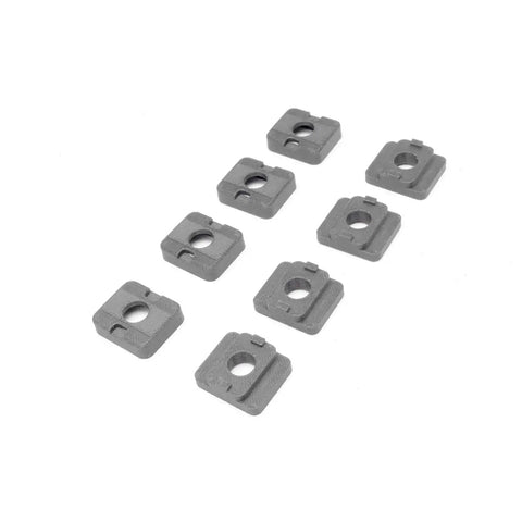 Heavy Duty Nylon Miter Table Slide Replacement Kit Built Tough For Your Shop With Smart 3D Printed Rollers Smoothing Out Every Cut For That Sweet Saw Glide - 10 gray nylon miter track sliders arranged.