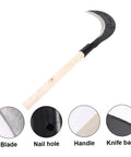 Long Handled Gardening Hand Scythe With Manganese Steel Blade for Weeding, showing blade, nail hole, handle, and knife back details