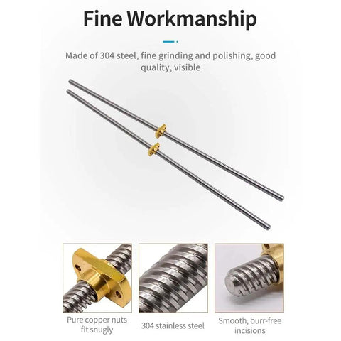 8mm T8 Trapezoidal Lead Screws Kit, 365mm Length, 2mm Pitch, Brass Nut, Pack Of 2, Ready To Bolt On For 3D Printers CNC And Linear Actuators, Great DIY Upgrade Or Replacement, two stainless steel lead screws with brass nuts