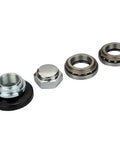 UMIUP steering fork bearing set components: black dust-seal housing, chrome hex nut, metal cap, and ball bearings
