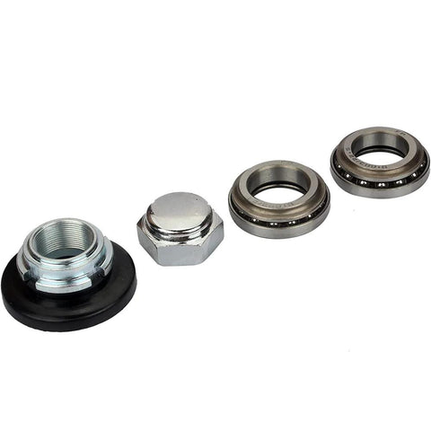 UMIUP steering fork bearing set components: black dust-seal housing, chrome hex nut, metal cap, and ball bearings