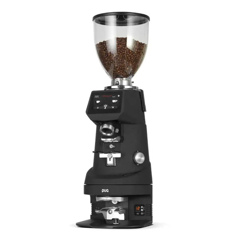 Calibrated Automatic Espresso Tamper Always Nailing The Perfect Shot With Adjustable Pressure Settings Fits Fiorenzato F64 58mm Portafilter Black Smooth Operator Game Changer side view with coffee beans in hopper.