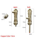Rugged Solid Brass Slide Bolt Gate Latch With Bulletproof Flip Mechanism For Knockout Garden Door Security Pro Grade Exterior Hardware Kit With Fasteners shown in open and locked positions, measures 14cm.