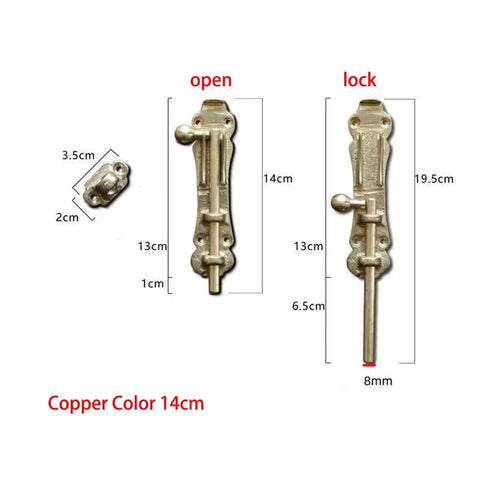 Rugged Solid Brass Slide Bolt Gate Latch With Bulletproof Flip Mechanism For Knockout Garden Door Security Pro Grade Exterior Hardware Kit With Fasteners shown in open and locked positions, measures 14cm.