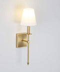 Rustic Industrial Wall Sconce with flared white textile shade and antique brass tapered column stand, hardwired E26 base
