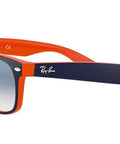RB2132 New Wayfarer Gradient Sunglasses Unisex Small Fit Blue On Orange Frame With Clear Gradient Blue Lenses 55mm angled view