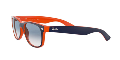 RB2132 New Wayfarer Gradient Sunglasses Unisex Small Fit Blue On Orange Frame With Clear Gradient Blue Lenses 55mm angled view