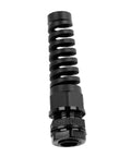 Beefed Up M16 Strain Relief Cord Connector With PA66 Nylon Gland, Rugged Spiral Cable Grip For Five To Ten Millimeter Wires, IP69 Waterproof Cable Clamp With Gaskets And Locknut, Black, side view