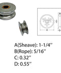 Marine Wire Pulley With Brass Bushing, Stainless Steel Sheave, One And One Quarter Inch Diameter, Fits Five Sixteenths Inch Rope