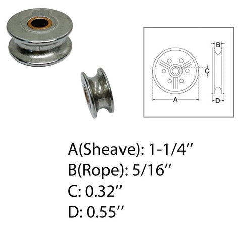 Marine Wire Pulley With Brass Bushing, Stainless Steel Sheave, One And One Quarter Inch Diameter, Fits Five Sixteenths Inch Rope