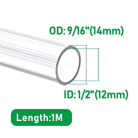 Clear PVC Vinyl Tubing One Half Inch Inner Diameter Nine Sixteen Inch Outer Diameter BPA Free Heavy Duty Flexible Plastic Tube Three Point Three Feet Long Industrial Grade Ideal For Water Air Irrigation Applications diagram with dimensions 1/2 ID, 9/16 OD, 1 meter length.