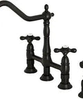 Heritage Bridge Kitchen Faucet With Brass Sprayer In Matte Black, Solid Brass Construction, 360-degree swivel spout