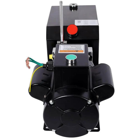 Greron 12V DC Single Acting Hydraulic Pump With Steel Reservoir Power Unit, front view showcasing motor and control features.