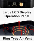 Large LCD display operation panel with ring type air vent on Heavy Duty Five Tier Electric Food Dehydrator With Bright Digital Screen And Temperature Control Timer For Preserving Veggies Herbs Jerky Meat Straight Up Fresh For Your Daily Grind.