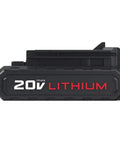 20V Max Lithium battery pack for Cordless Drill and Impact Driver Combo Kit, side view for visual detail and branding.