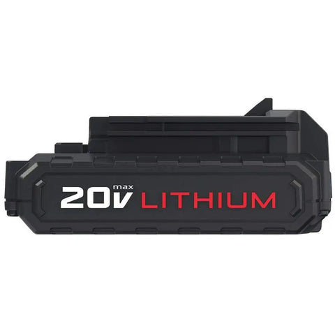 20V Max Lithium battery pack for Cordless Drill and Impact Driver Combo Kit, side view for visual detail and branding.