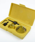 Heavy Duty 11 Piece Carbon Steel Hole Saw Set For Drilling Big Holes In Wood Metal Plastic And Sheet Alloy Fast Reliable Kit To Get The Job Done open yellow case with hole saws and mandrels