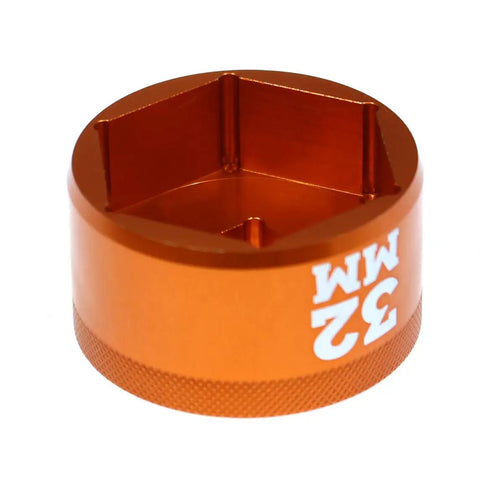 Orange Fork Top Cap Socket 32mm 3/8 Drive for Bike Suspension Maintenance, Quick Fit Tool, showing hexagonal structure for secure grip.