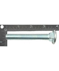 Heavy Duty Half Inch By Three And A Half Inch Grade Eight Carriage Bolts 4-Pack With Coarse Thread Round Head Square Neck Anti Rotation Design For Wood Projects SAE J429 Zinc Trivalent Finish, zinc carriage bolt shown with ruler