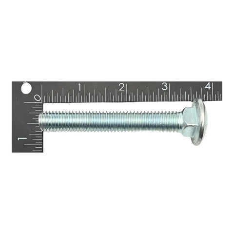 Heavy Duty Half Inch By Three And A Half Inch Grade Eight Carriage Bolts 4-Pack With Coarse Thread Round Head Square Neck Anti Rotation Design For Wood Projects SAE J429 Zinc Trivalent Finish, zinc carriage bolt shown with ruler