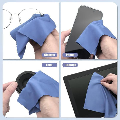 Blue microfiber cleaning cloths, 6x7 in, 12-pack for glasses and lenses.
Blue microfiber cleaning cloth for smartphone screens; 6x7 in, 12-pack.
Blue microfiber cleaning cloth cleaning camera lens; 6x7 in, 12-pack.
Blue microfiber cleaning cloth wiping laptop screen; 6x7 in, 12-pack.
