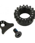 QR 15 Geared Cam And Hardware Kit For Thru Axle Forks CNC Machined Precision Parts showing cam system, bracket, and screw